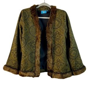 Cotton Connection Tapestry Style Faux Fur Trim Open Jacket Size S